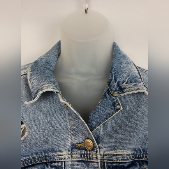 FOREVER 21 Distressed Thrash Grunge Patchwork Denim Relaxed Jacket (#1,376)(C) - Picture 4 of 10